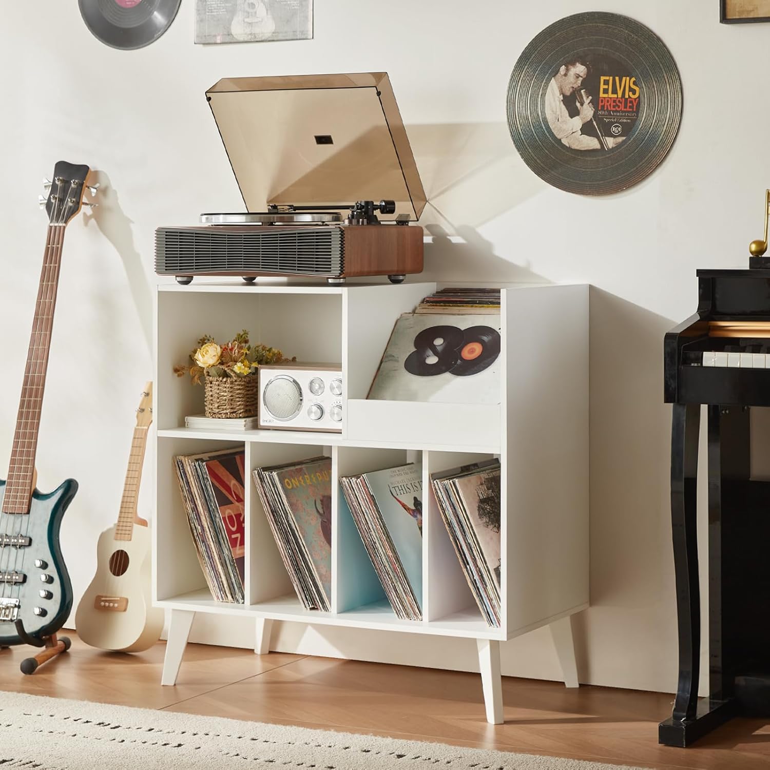Thumbnail 6 de LELELINKY Large Vinyl Record Stand with 4 Shelves — Retro Wooden Turntable Stand for Up to 300 Albums