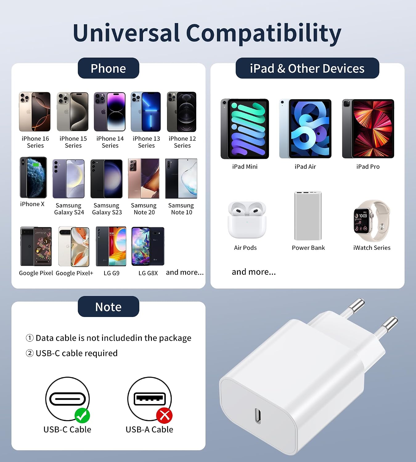 Detalle de BHHB 20W Chargeur USB-C – Charge rapide et sécurisée pour iPhone, iPad et plus