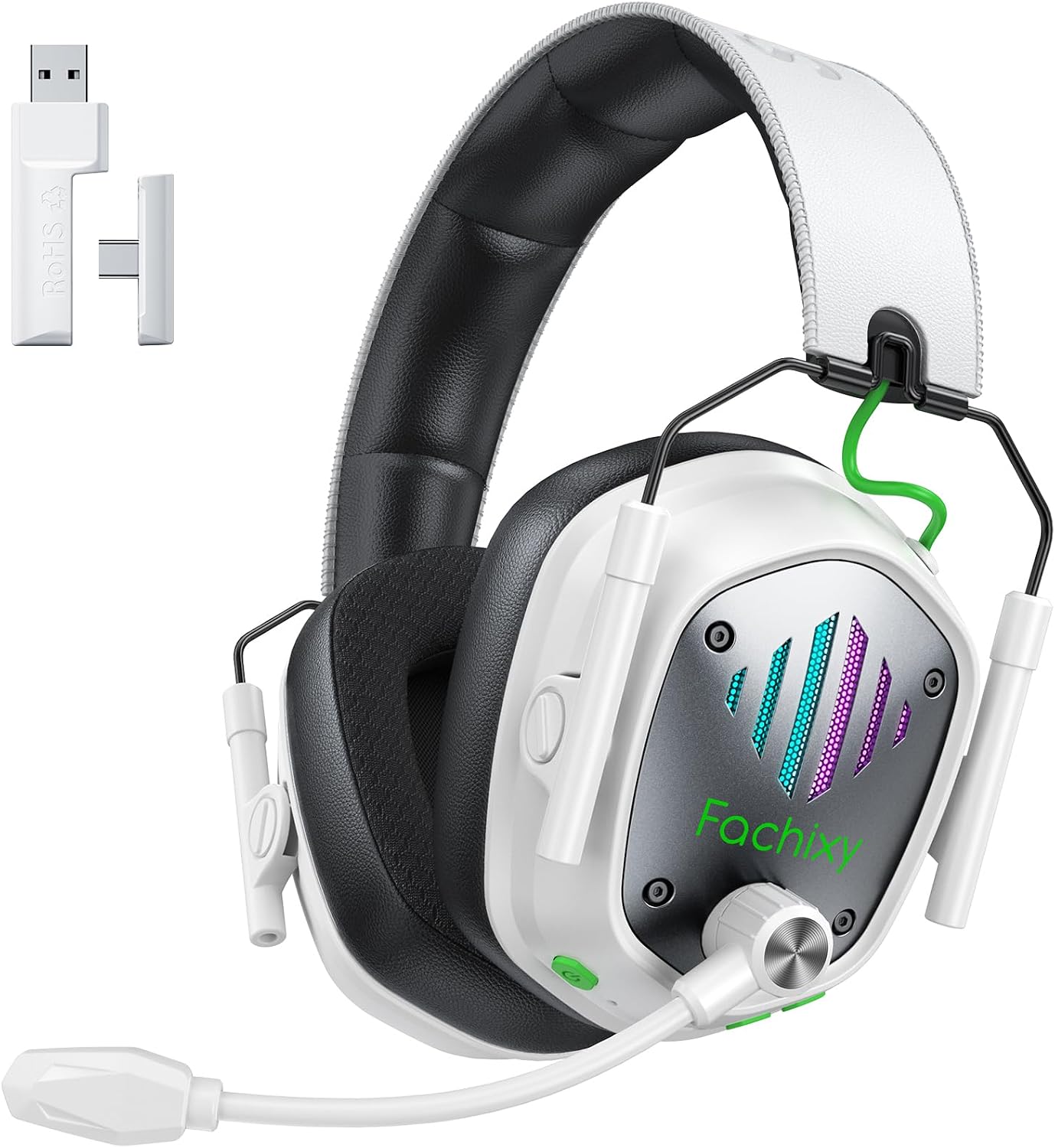 Detalle de Fachixy Wireless Gaming Headset – 2,4 GHz/Blauzahn 5.4, 60 Stunden Akku, Noise-Cancelling Mikrofon, RGB Beleuchtung