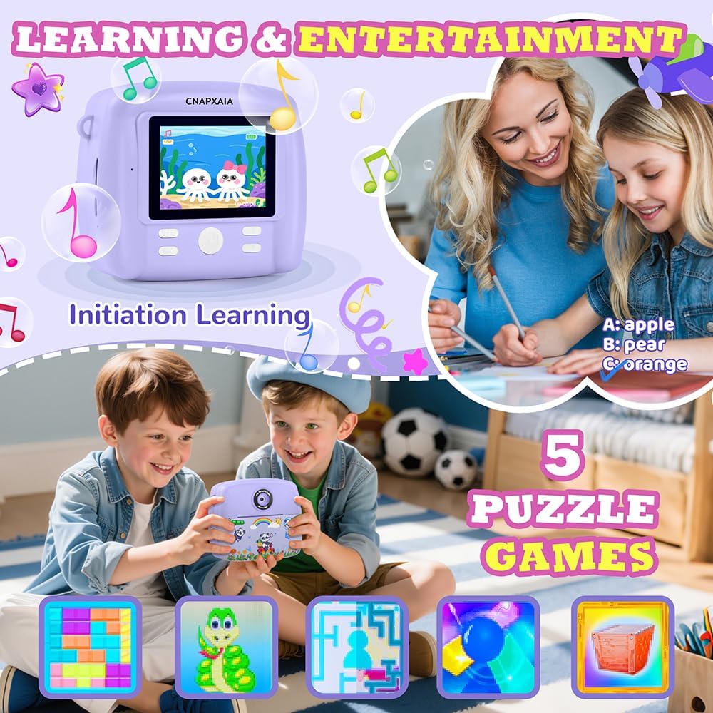 Detalle de CNAPXAIA Kinderkamera mit Sofortdruck & 2,4" Display (32GB, lila) – Digitalkamera für Kinder von 3 bis 12