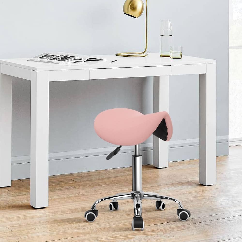 Detalle de KKTONER PBS0901 sadelpall med hjul, justerbar höjd och rosa PU-klädsel