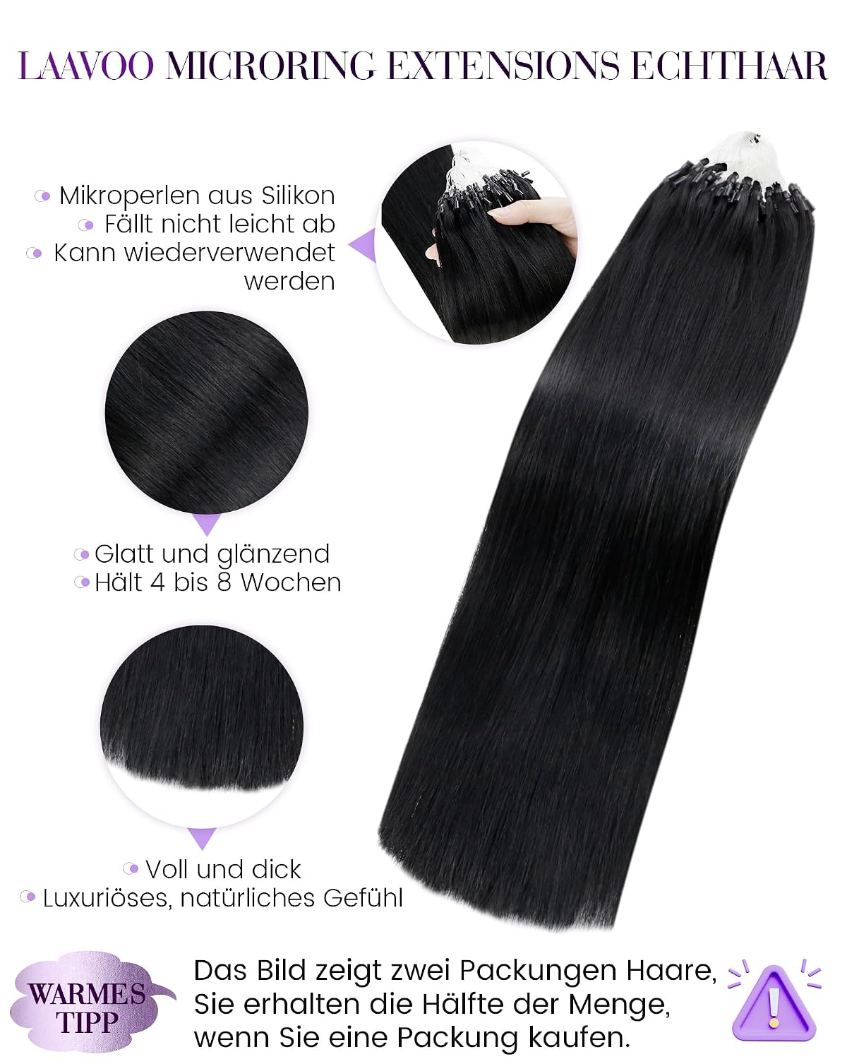 Detalle de LaaVoo Microring Extensions Echthaar Schwarz – Micro-Loop Haarverlängerung (Remy) #1