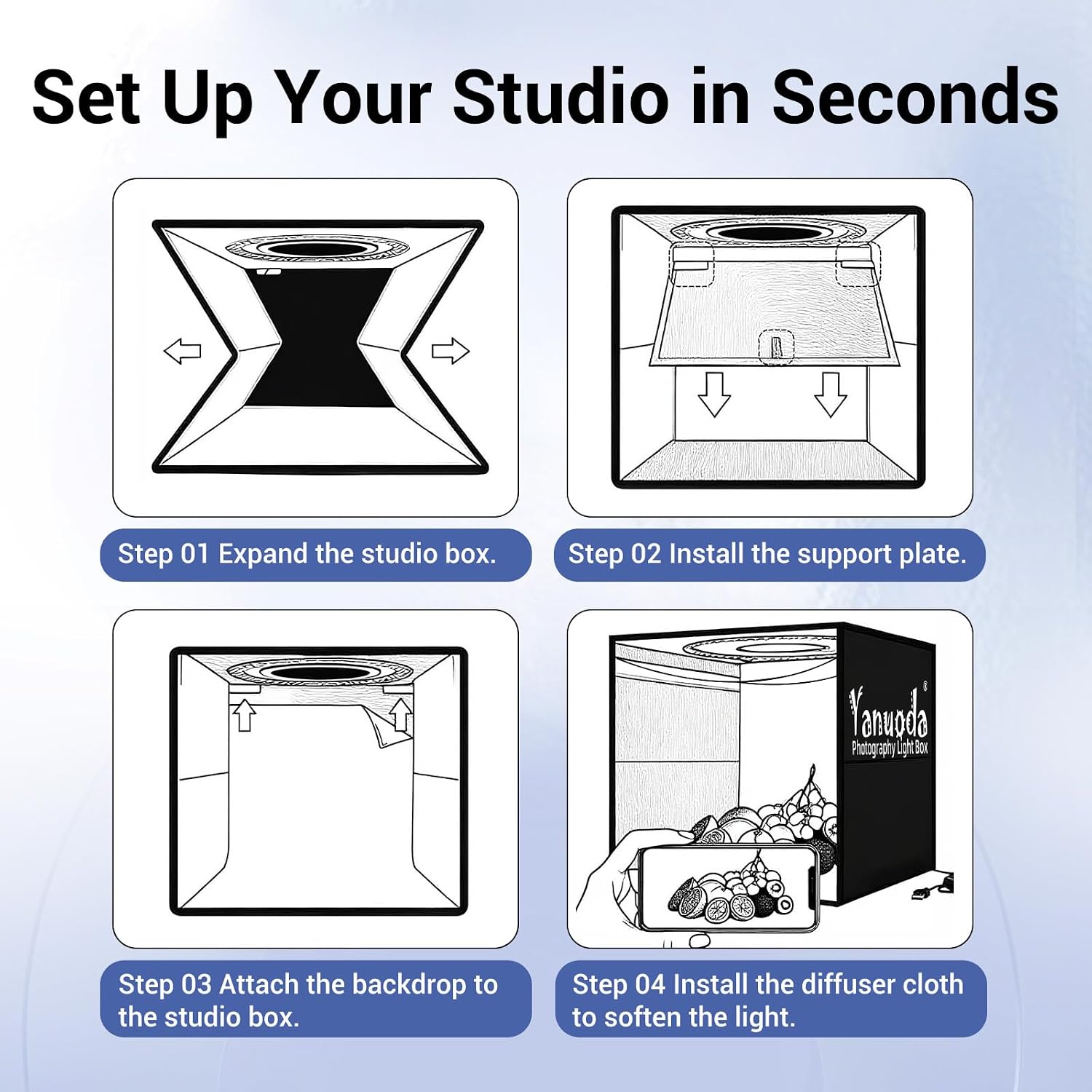 Detalle de Light Box Photography 12x12x12" LED photo booth with 120 LEDs, 6 PVC backdrops and adjustable lighting