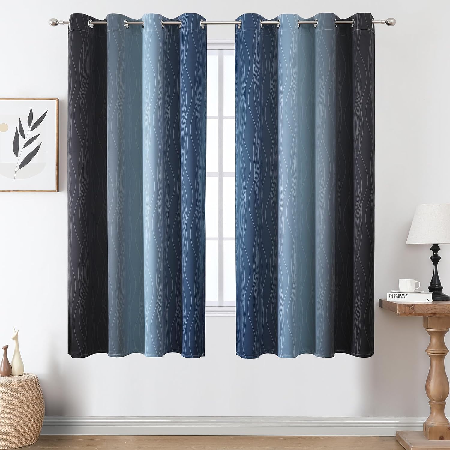 Thumbnail 1 de VEHEDE Gradient Navy Blue and Black Wave Blackout Curtains – 2 Panels, W52 x L63 Inch