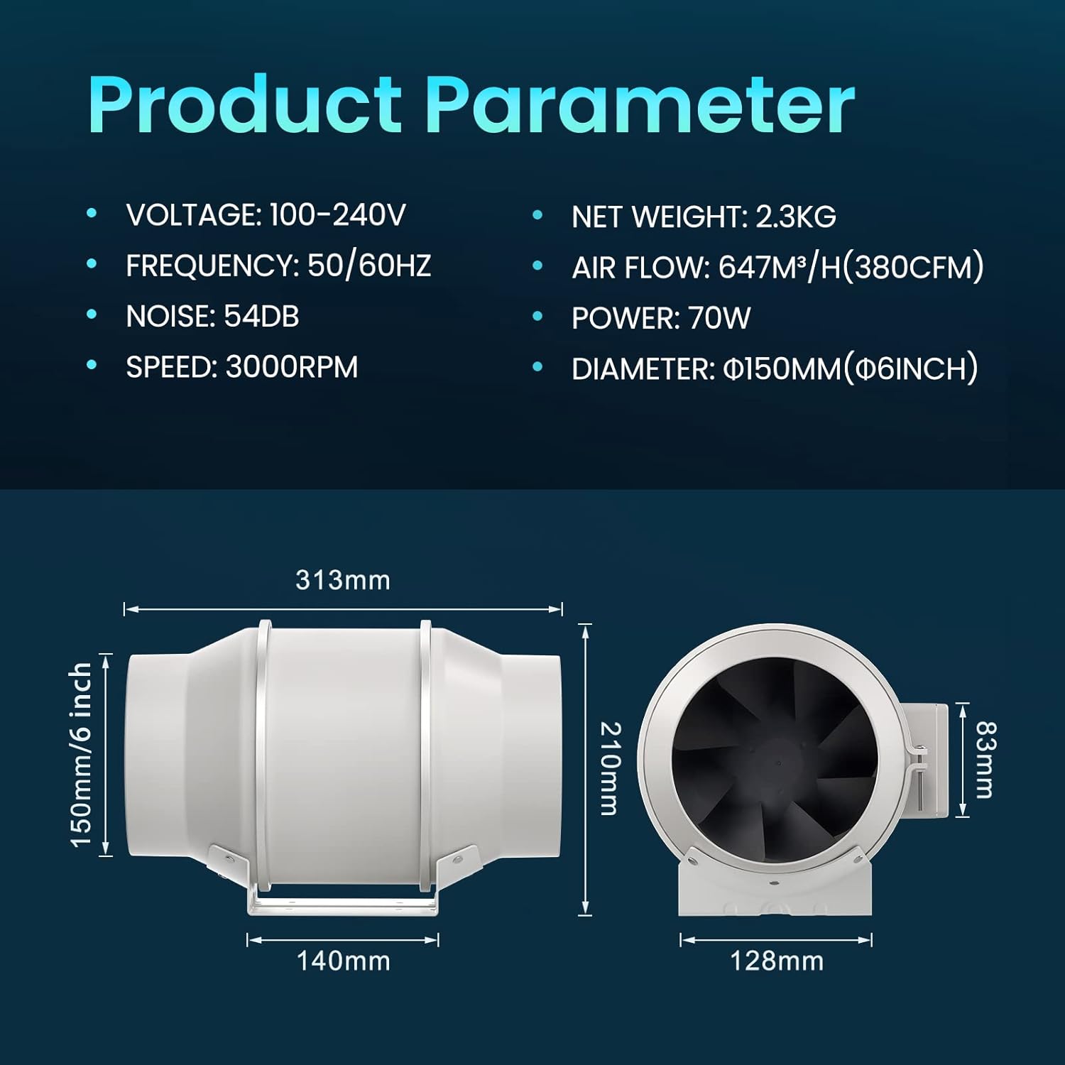 Detalle de HG Power ventilateur de conduit 150 mm avec contrôleur de vitesse variable et moteur EC (647 m³/h)