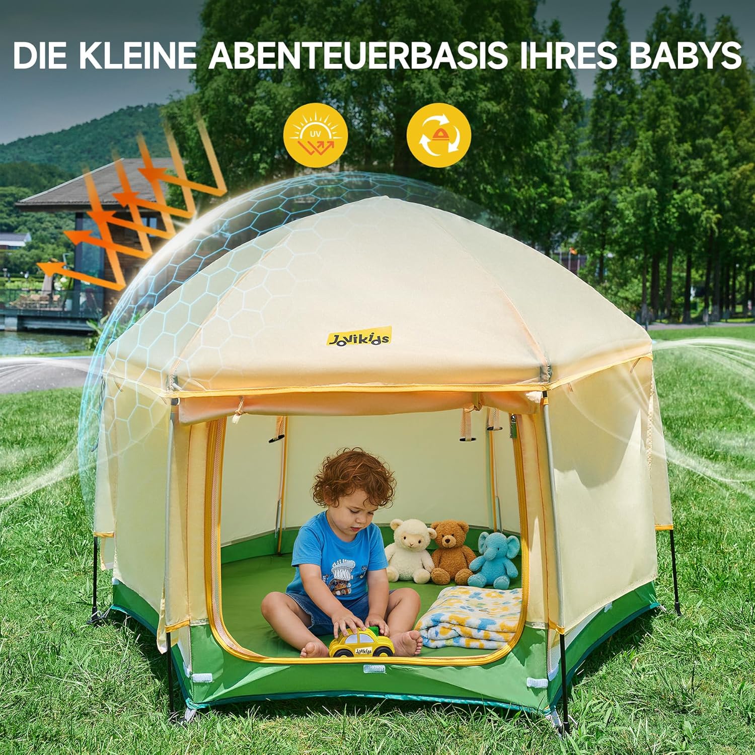 Jovikids faltbarer Laufstall mit Baldachin und Pop-up Zelt, 6-eckig 150x150x105 cm
