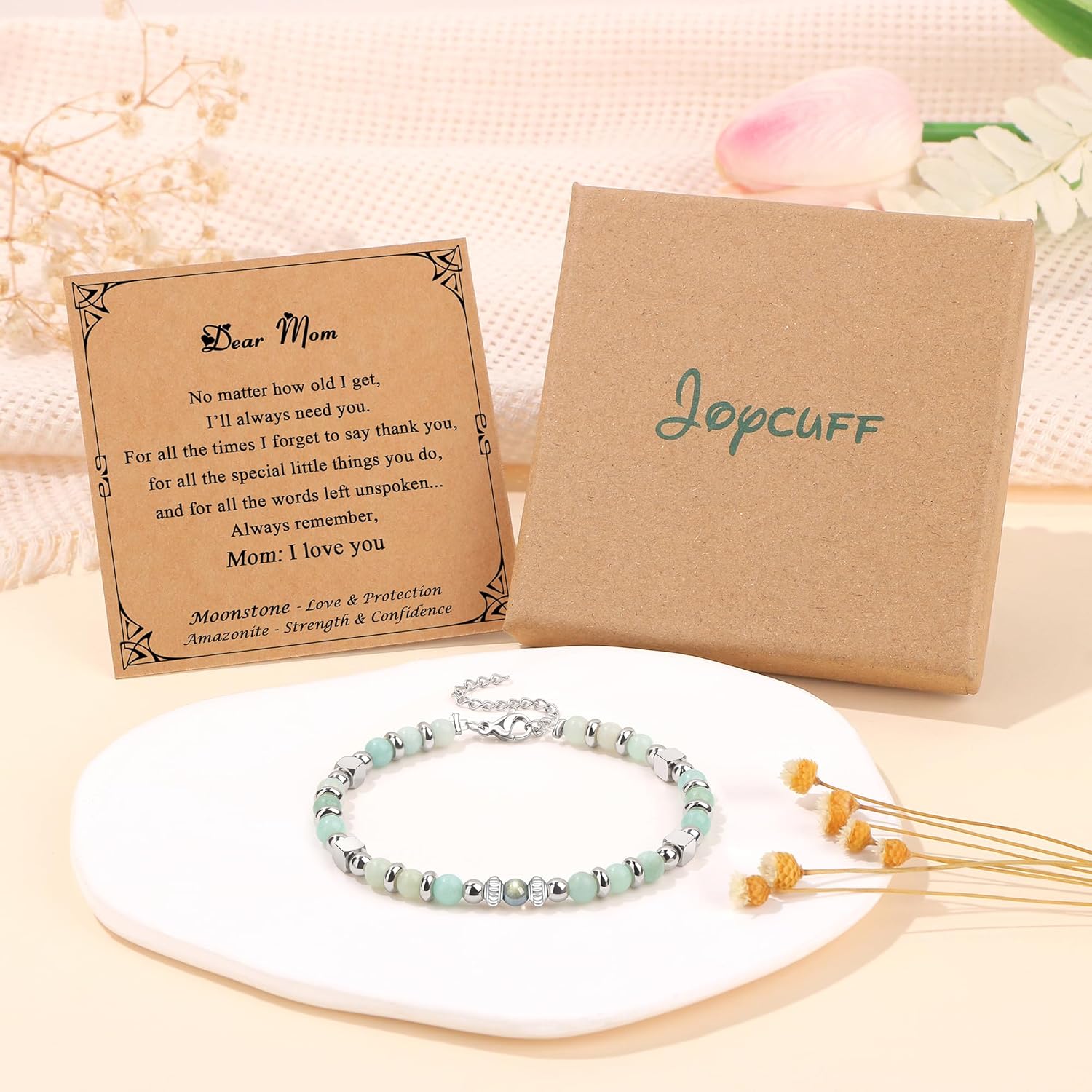 Detalle de JoycuFF Moonstone & Amazonite Bracelet for Mom – Stainless Steel Beads, Adjustable 7.0" + 1.5" Extender