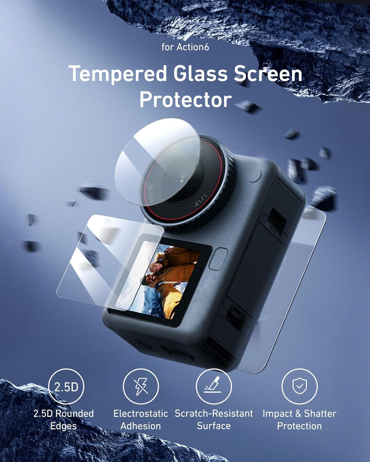 Thumbnail 1 de TELESIN tempered glass screen protector set for DJI Osmo Action 6 (3 pieces)