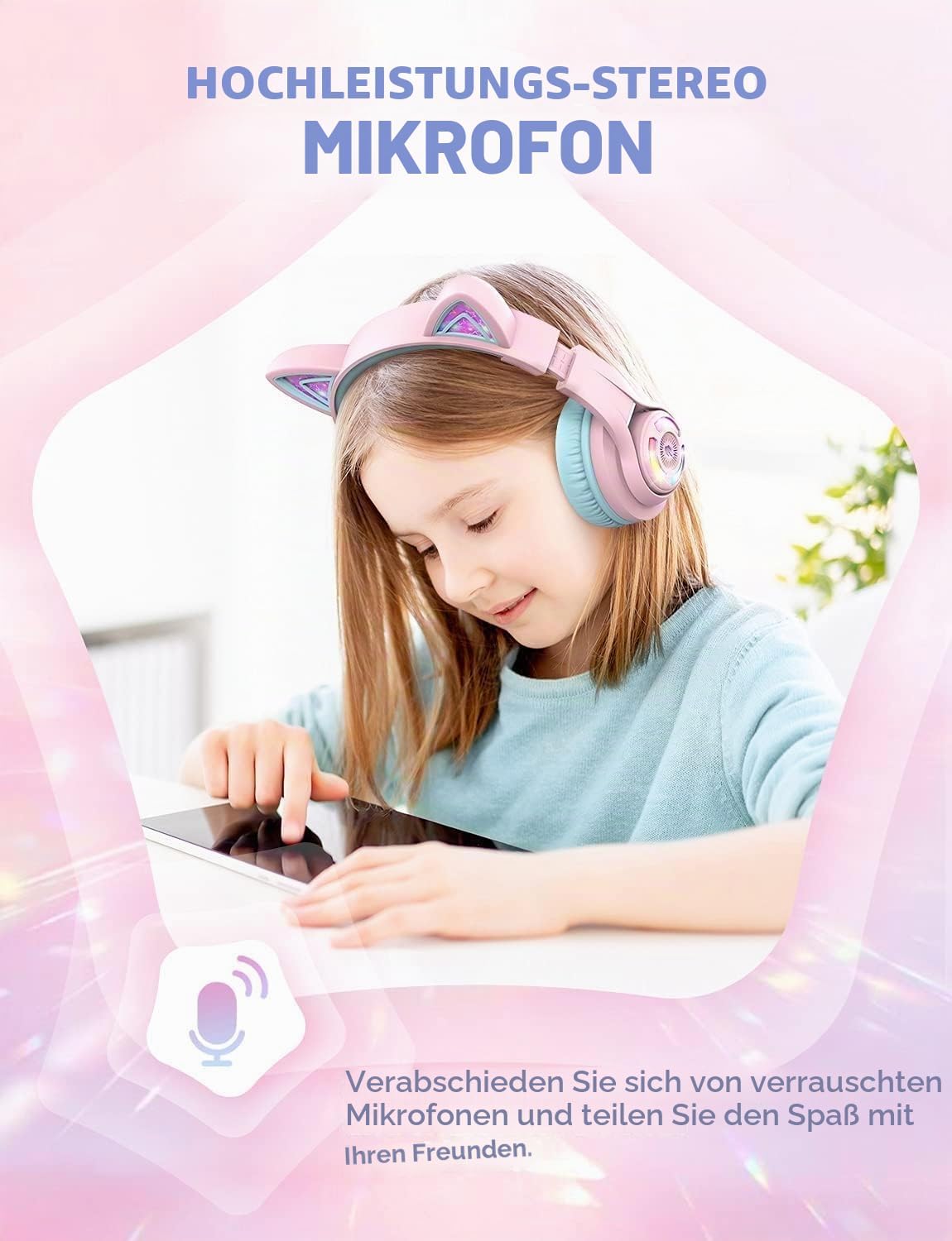 Thumbnail 6 de iClever Bluetooth Kopfhörer Kinder mit Katzenohr-LED, MIC und 3,5-mm-Kabel (BTH13, 50 Std. Spielzeit)