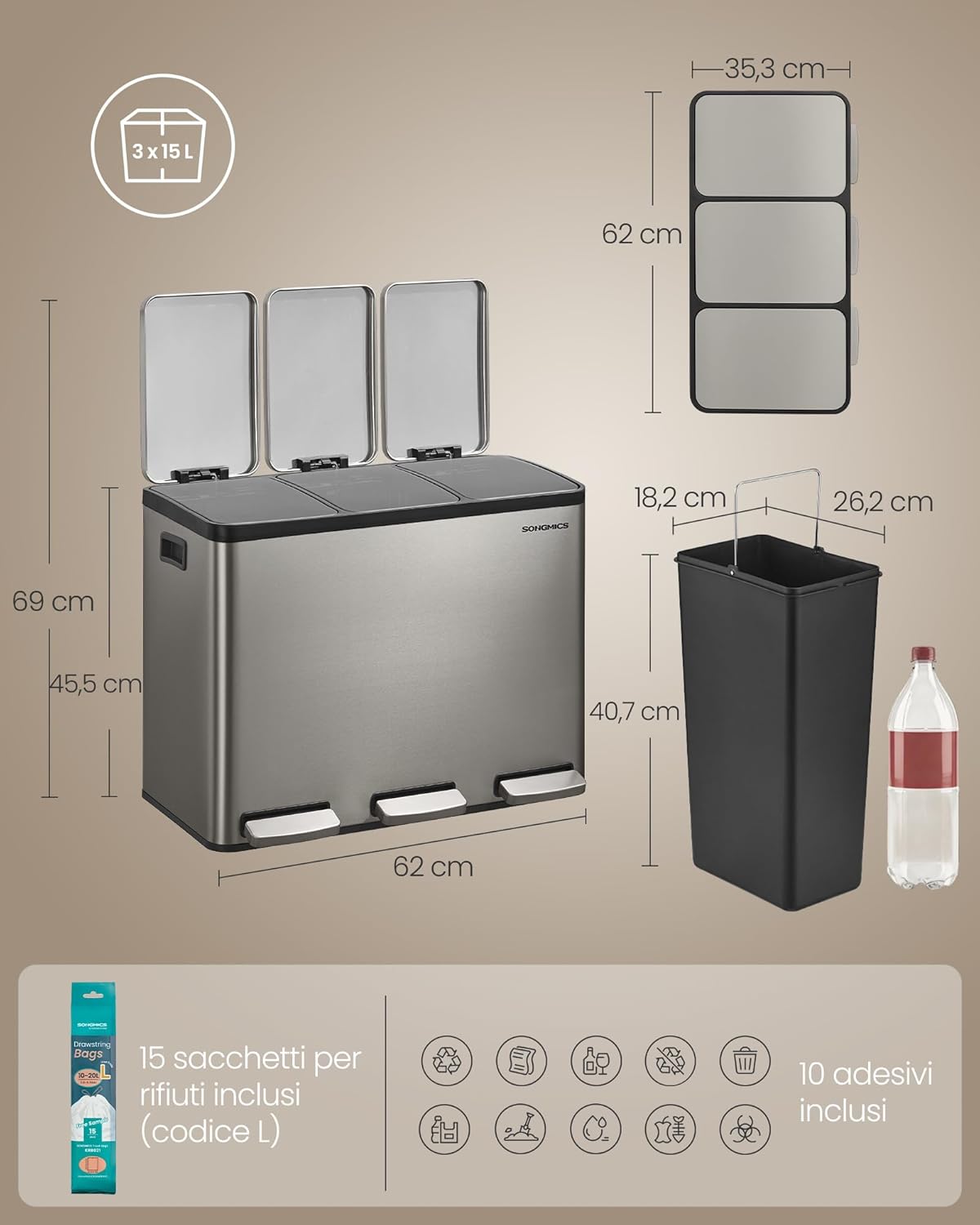 Thumbnail 6 de SONGMICS Pattumiera Cucina 3 x 15 L, Cestino 3 Scomparti in Acciaio Inox – LTB145EZ01