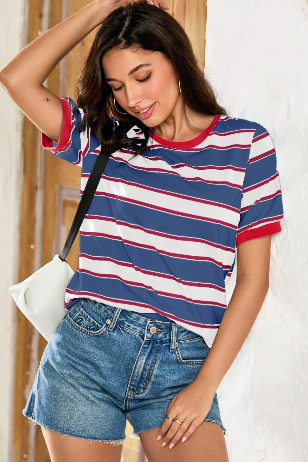 Detalle 2 de Dokotoo Womens Summer Tops 2026 Striped Color Block Short Sleeve T-Shirt