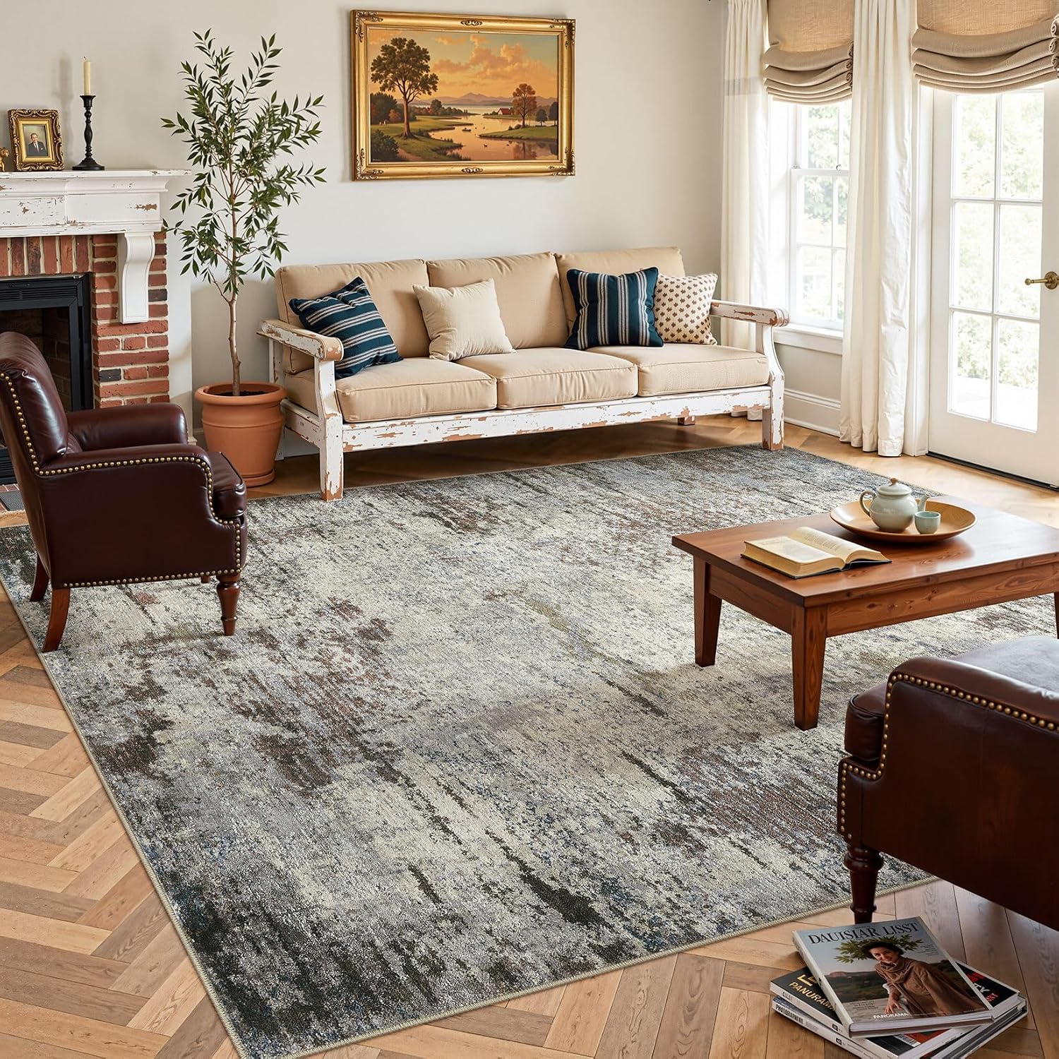 Detalle de DMOYEST 9x12 Area Rug – Soft, Washable Neutral Abstract Large Rug for Living Room and More (Brown Rust)