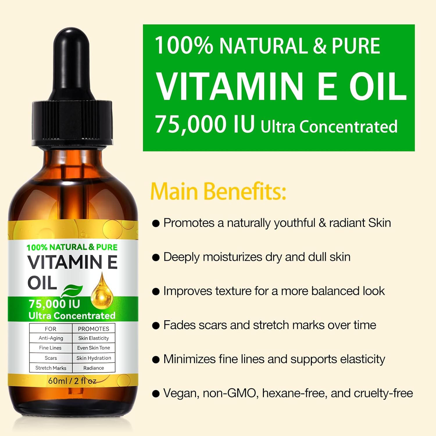 Detalle de Vitamin E Öl 75.000 IE – Reines & Natürliches Haut- & Haarpflegeöl, 60 ML