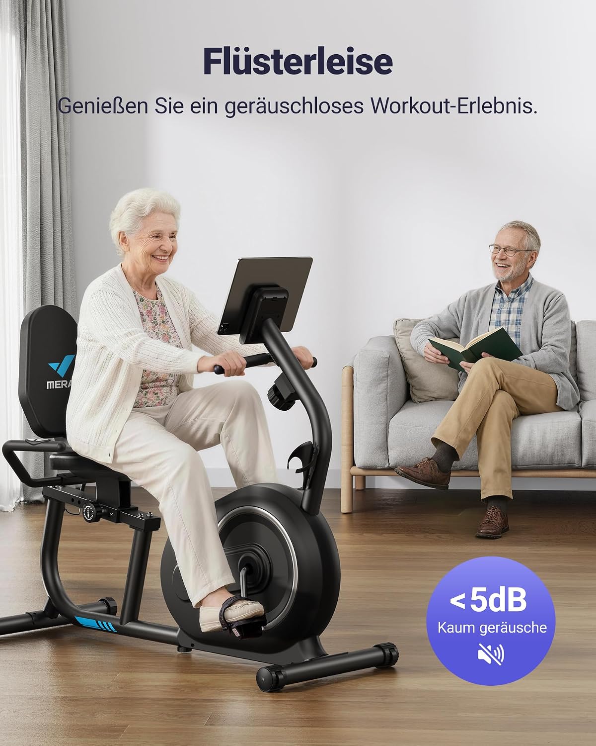 Detalle de MERACH Liegeergometer S08/S23 – leiser Heimtrainer mit 8-stufigem Magnetwiderstand, App-Kompatibilität und Herzfrequenzsensoren