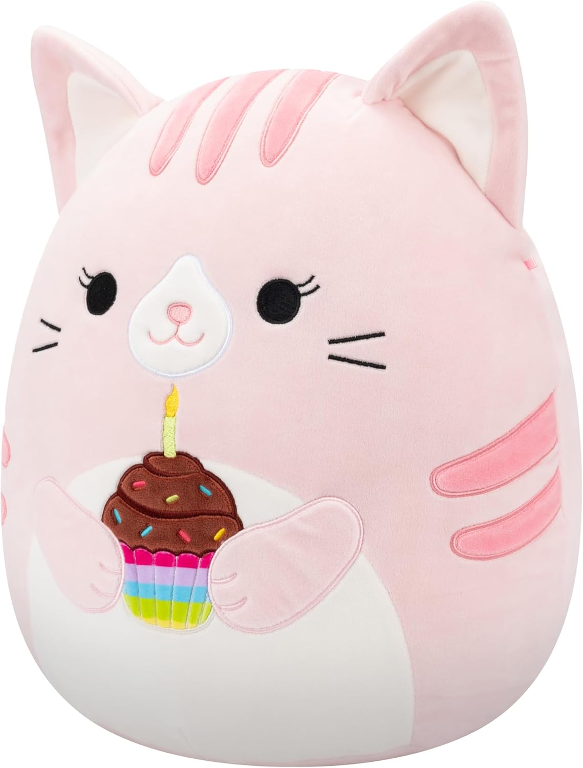 Detalle 2 de Squishmallows Original 14in Laura the Pink Tabby Cat Holding Birthday Cupcake – Official Jazwares Plush
