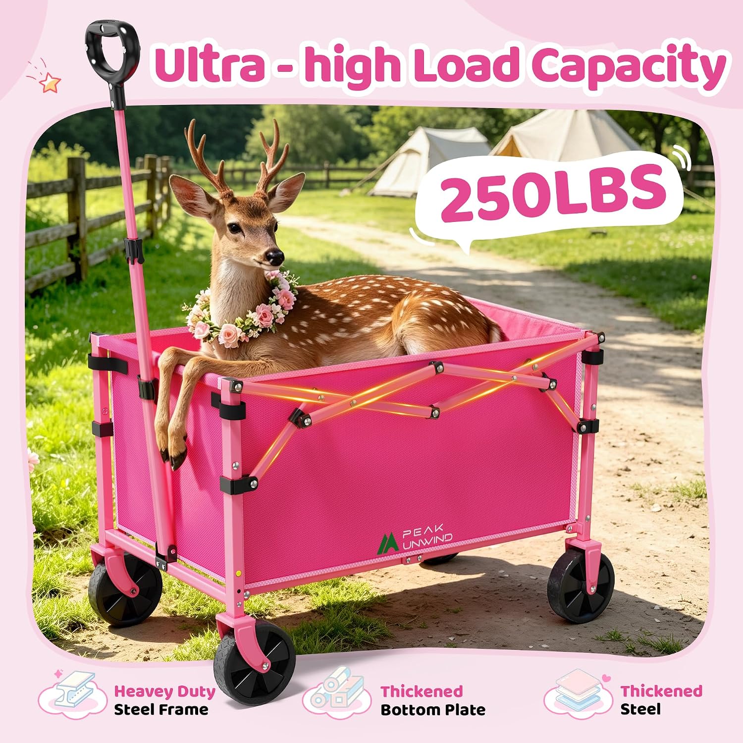 Detalle de PEAKUNWIND B303 Foldable Wagon Cart, 220 lb Capacity, Pink Alloy Steel