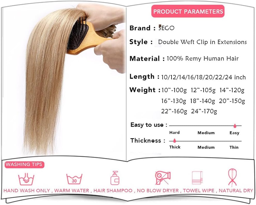 Detalle de SEGO Extension Clip Capelli Veri Volumizzante Set da 8 Fasce – Remy Double Weft, 50 cm, 140 g