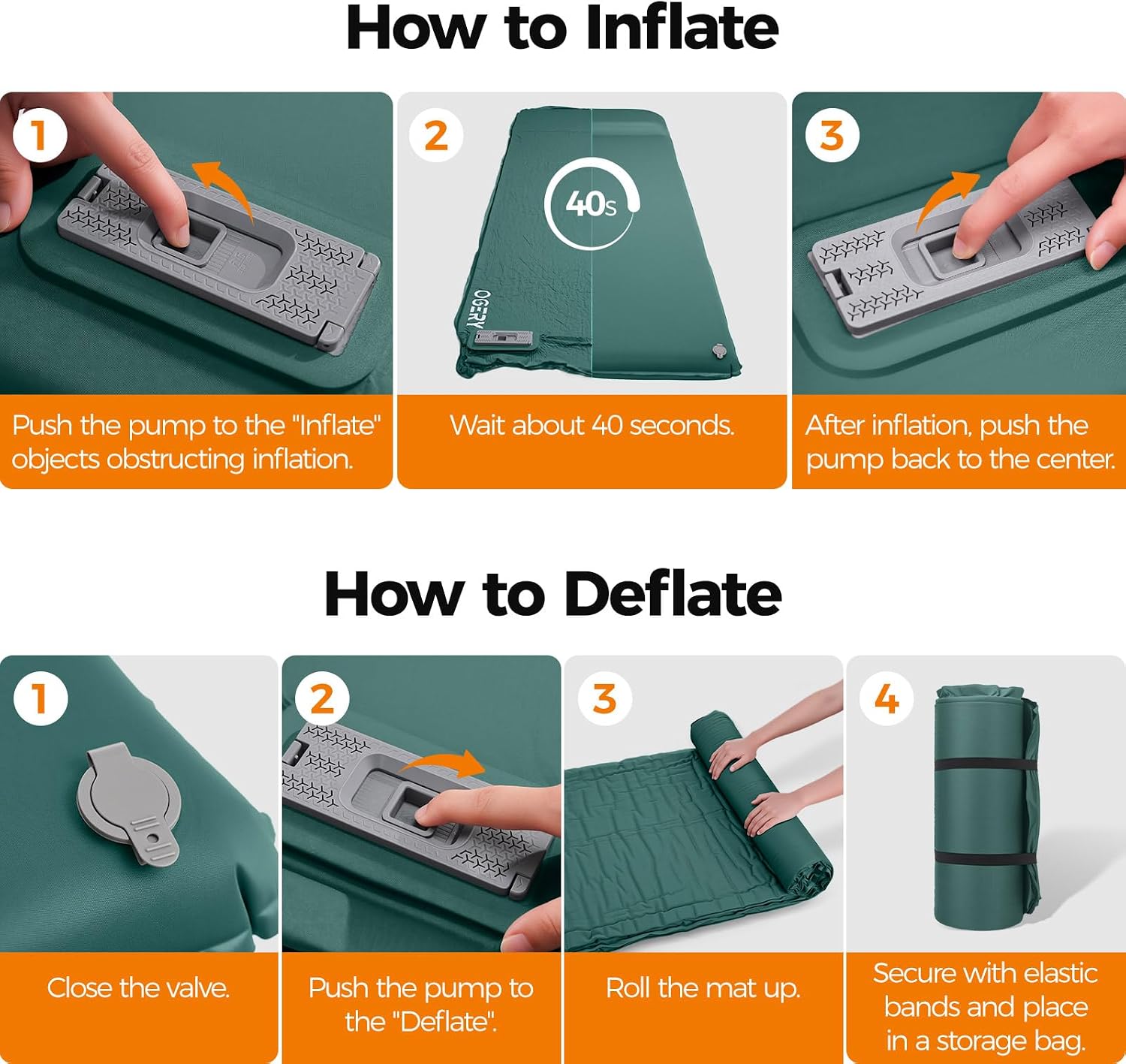 Detalle de OGERY Self-Inflating Sleeping Pad with Electric Pump: 3.15-Inch Memory Foam Comfort for 4-Season Camping