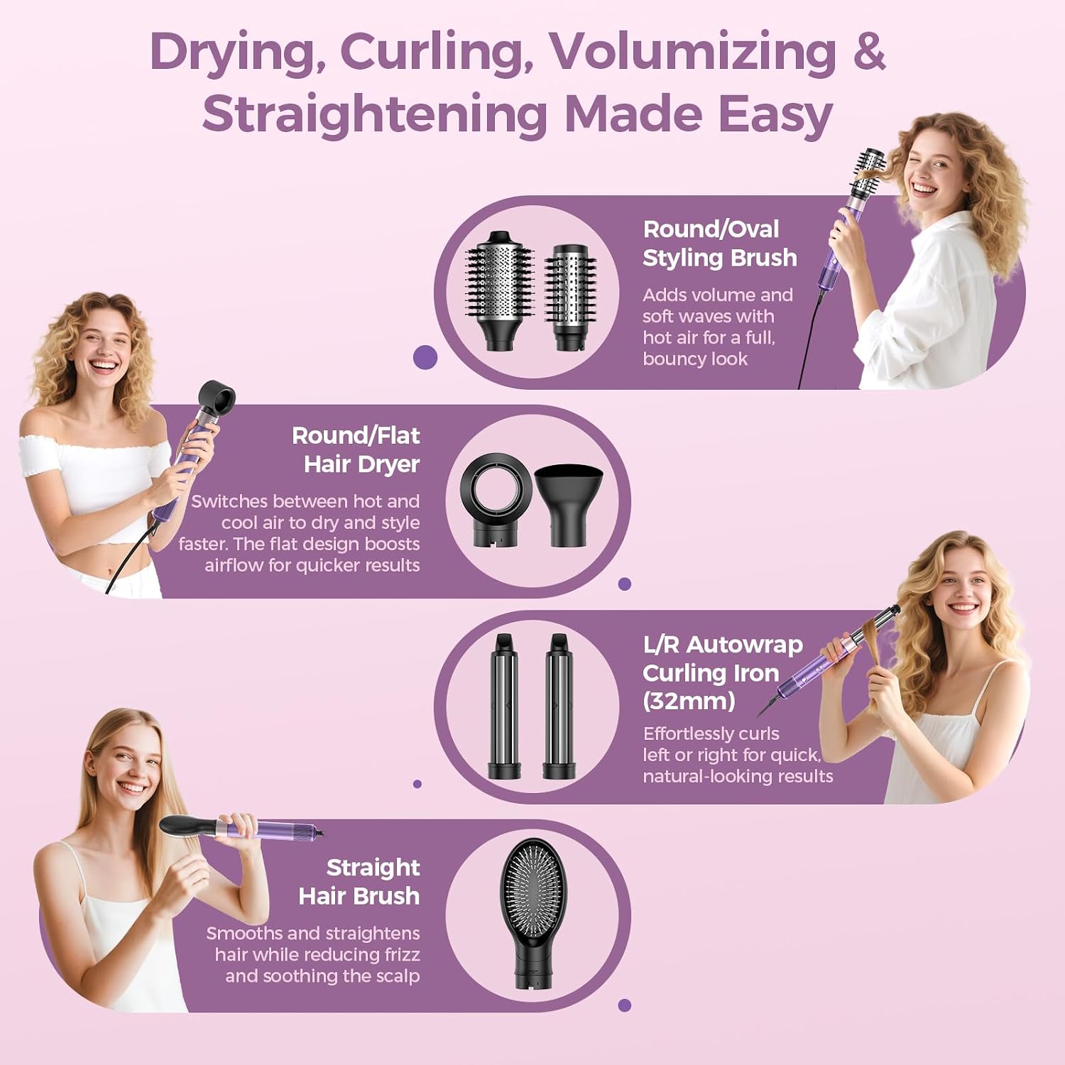 Thumbnail 1 de Vincofy 7-in-1 Blow Dryer Brush Set: All-in-One Hot Air Styler for Fast Drying, Curling, Straightening & Volumizing (Lilac)