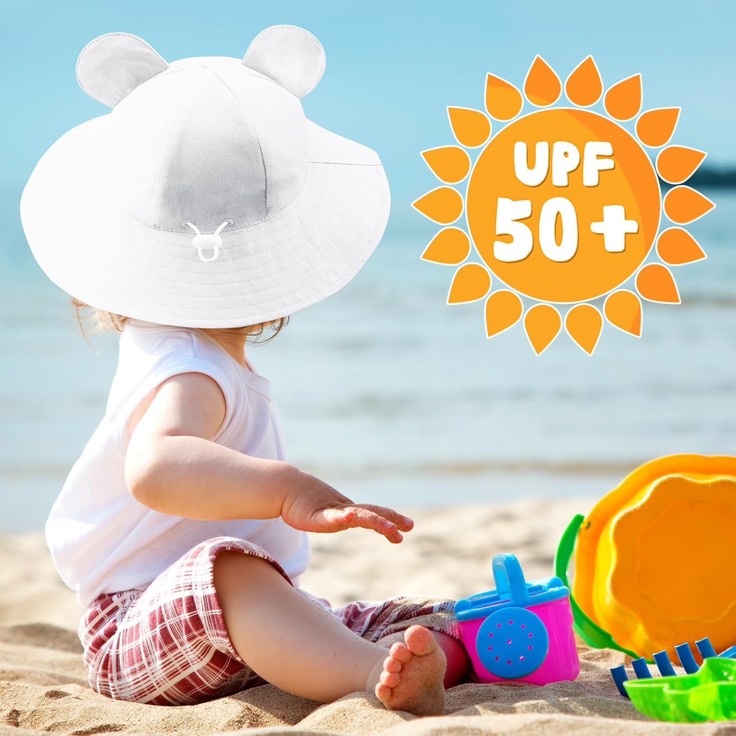 Detalle de DRESHOW Baby Sun Hat with Bear Ears — UPF 50+ Toddler Beach Cap in Cotton, Unisex, with Chin Strap