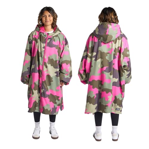 OHS Drying Robe Adult Womens: Camouflage Waterproof Changing Robe with Hood, Pockets & Fleece Lining (Green/Pink) – S/M