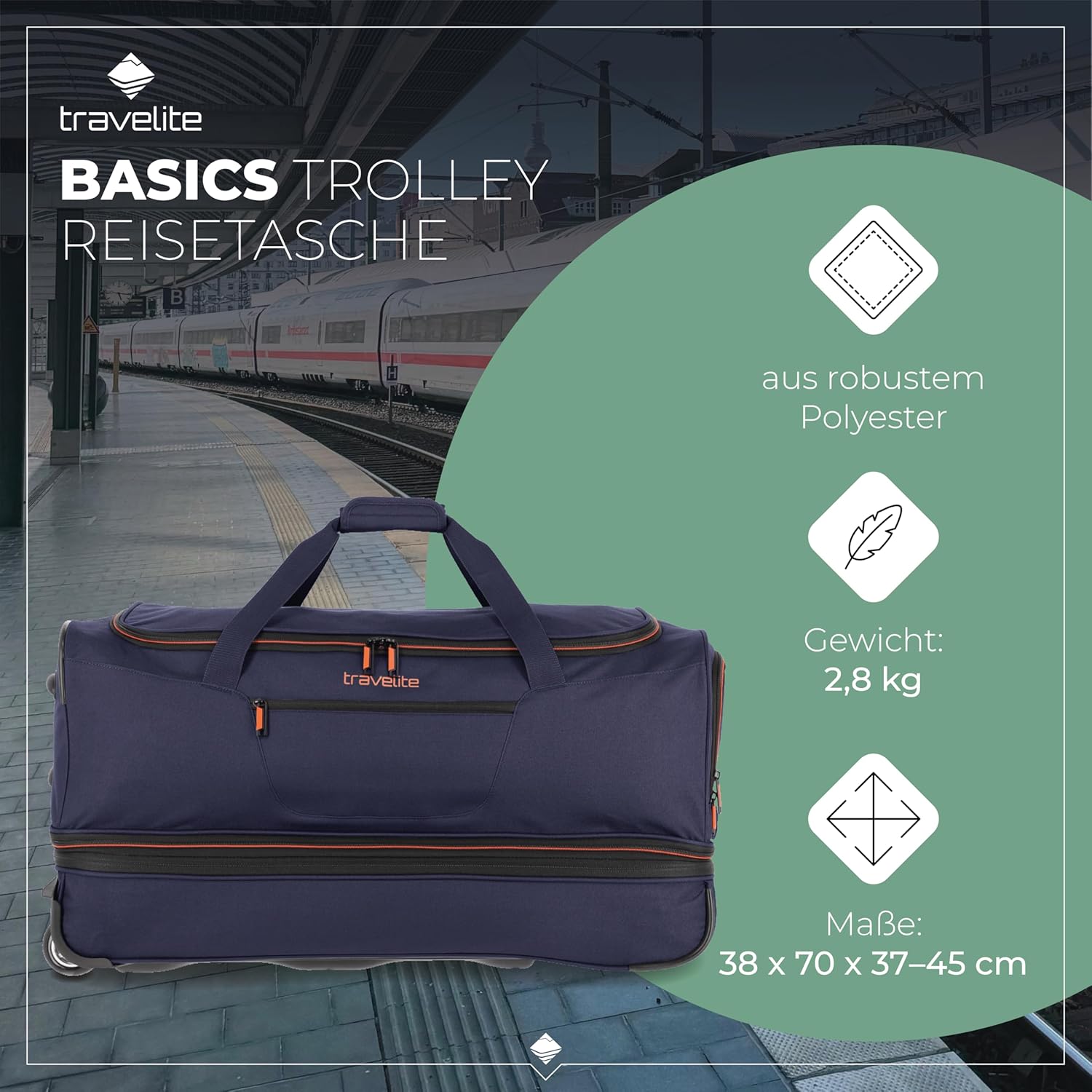 Detalle de Travelite Trolley Reisetasche mit Rollen groß – 98–119 L, erweiterbar, 70 cm