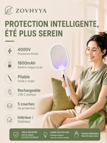 Detalle de ZOVHYYA Raquette Électrique Insecte Pliable 4000V – Interieur / Exterieur, Blanc