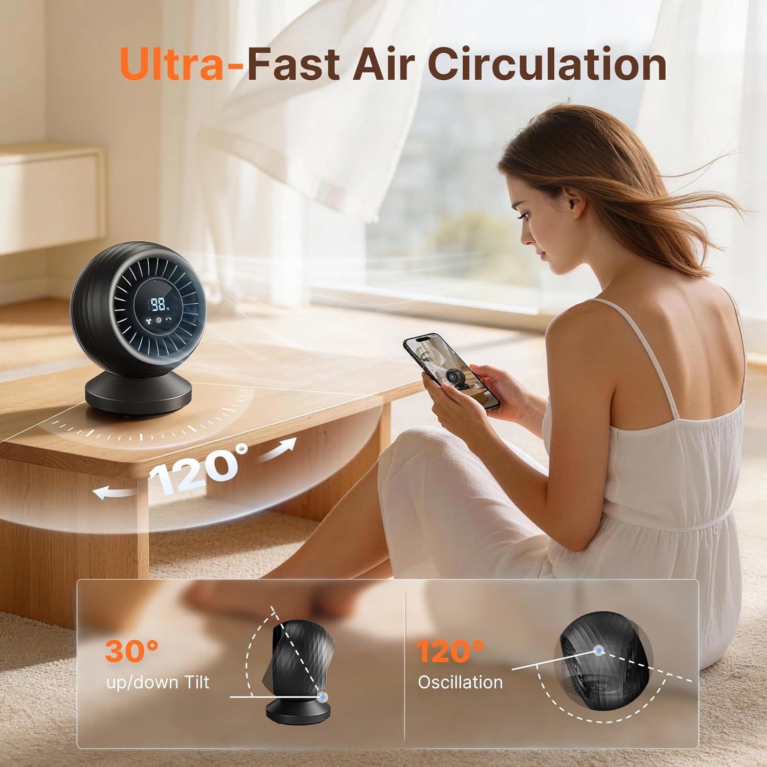 Detalle de Orvyna Ventilatore da Tavolo Silenzioso 22 dB – Circolatore 3D Turbo, 7 Velocità, Display Touch e Timer