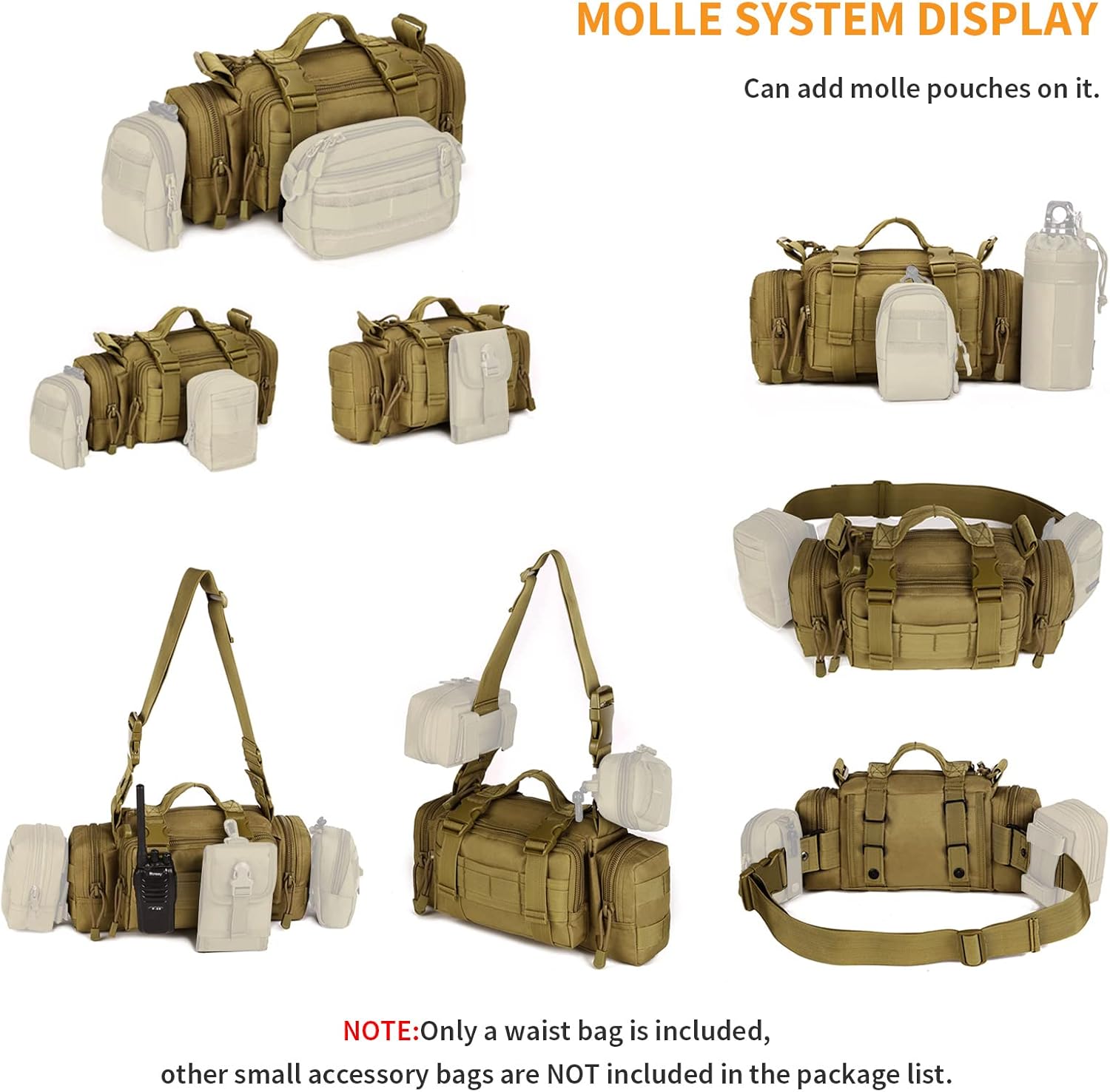 Thumbnail 6 de Huntvp 3 Way Waist Bag Tactical MOLLE Crossbody Pack (Brown) for Hiking, Camping and More