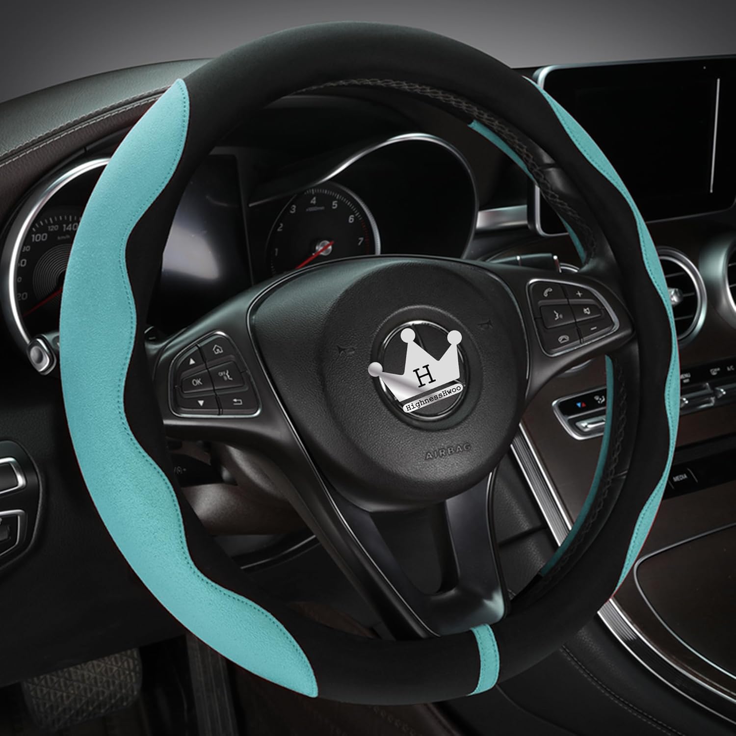 Thumbnail 1 de HighnessHwoo Luxury Alcantara Steering Wheel Cover (37-38cm) in Green