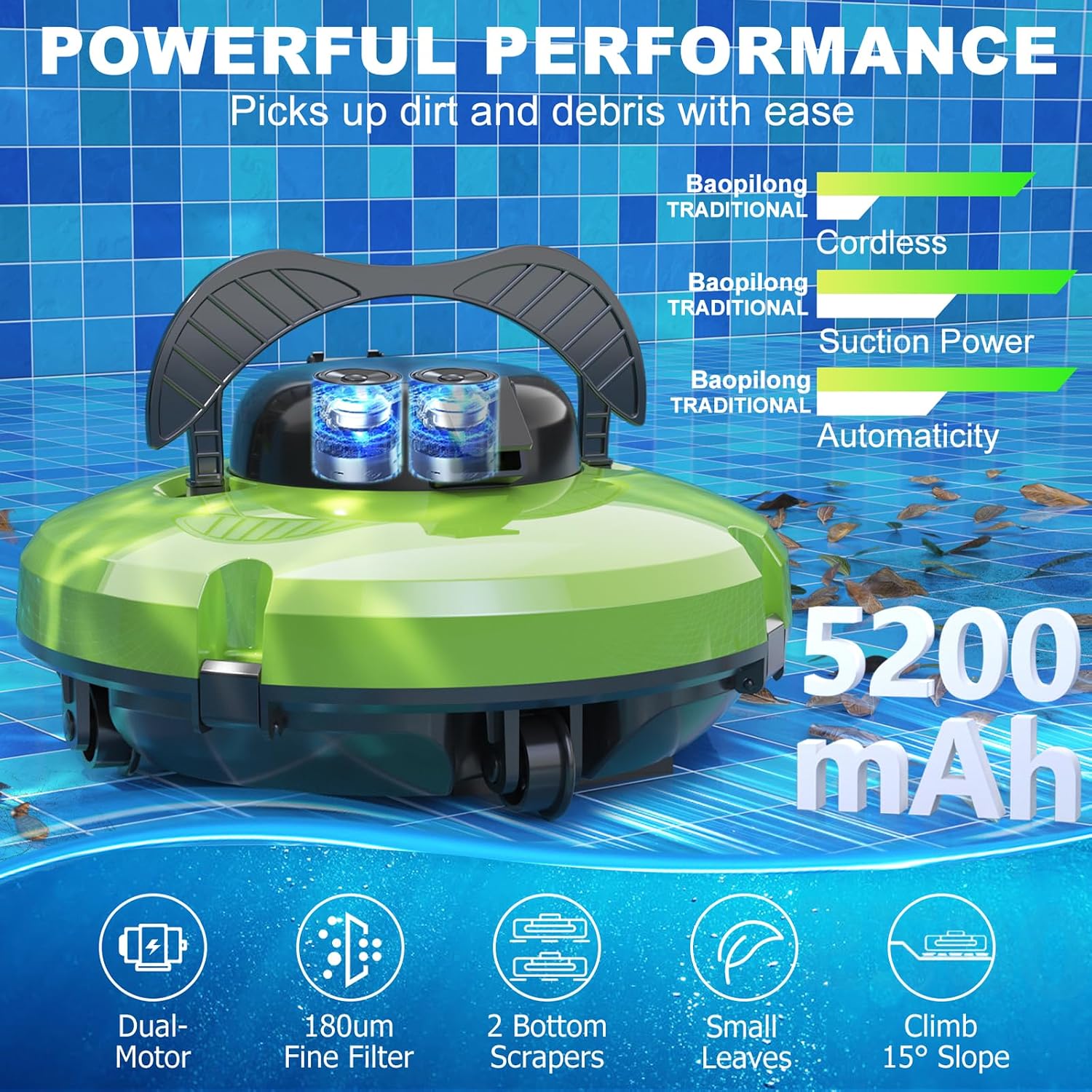 Thumbnail 3 de Baopilong Aufrüstung Kabelloser Roboterpoolsauger für obenliegende Pools – 120 Minuten Laufzeit, automatische Parkfunktion