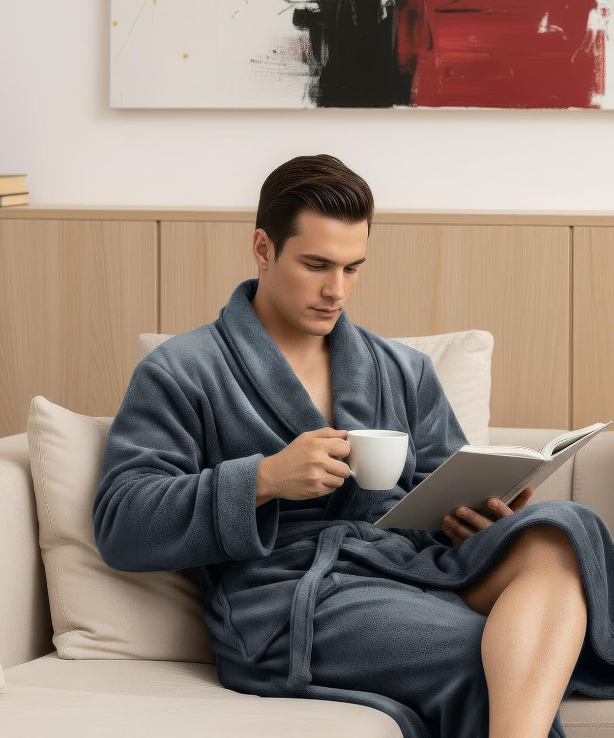 Detalle 2 de NY Threads Luxury Ultra Soft Men’s Fleece Bathrobe, Calf-Length with Belt
