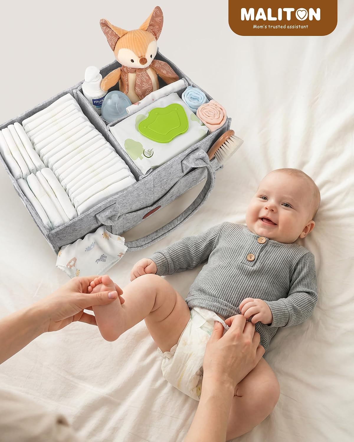 Detalle 2 de Maliton Nappy Caddy: Newborn Essentials Organizer in Grey