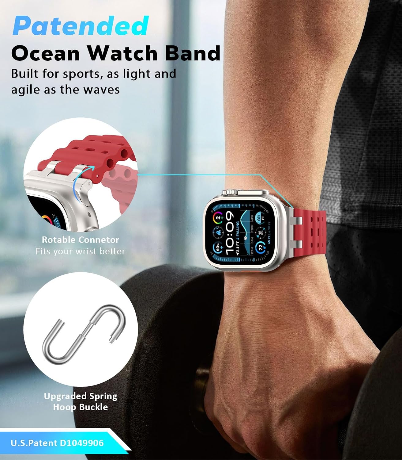 Detalle de Astorgos Cinturino Ocean per Apple Watch compatibile (Ultra 3/2/1 49mm, vari 46/45/44/42mm) in silicone sportivo traspirante