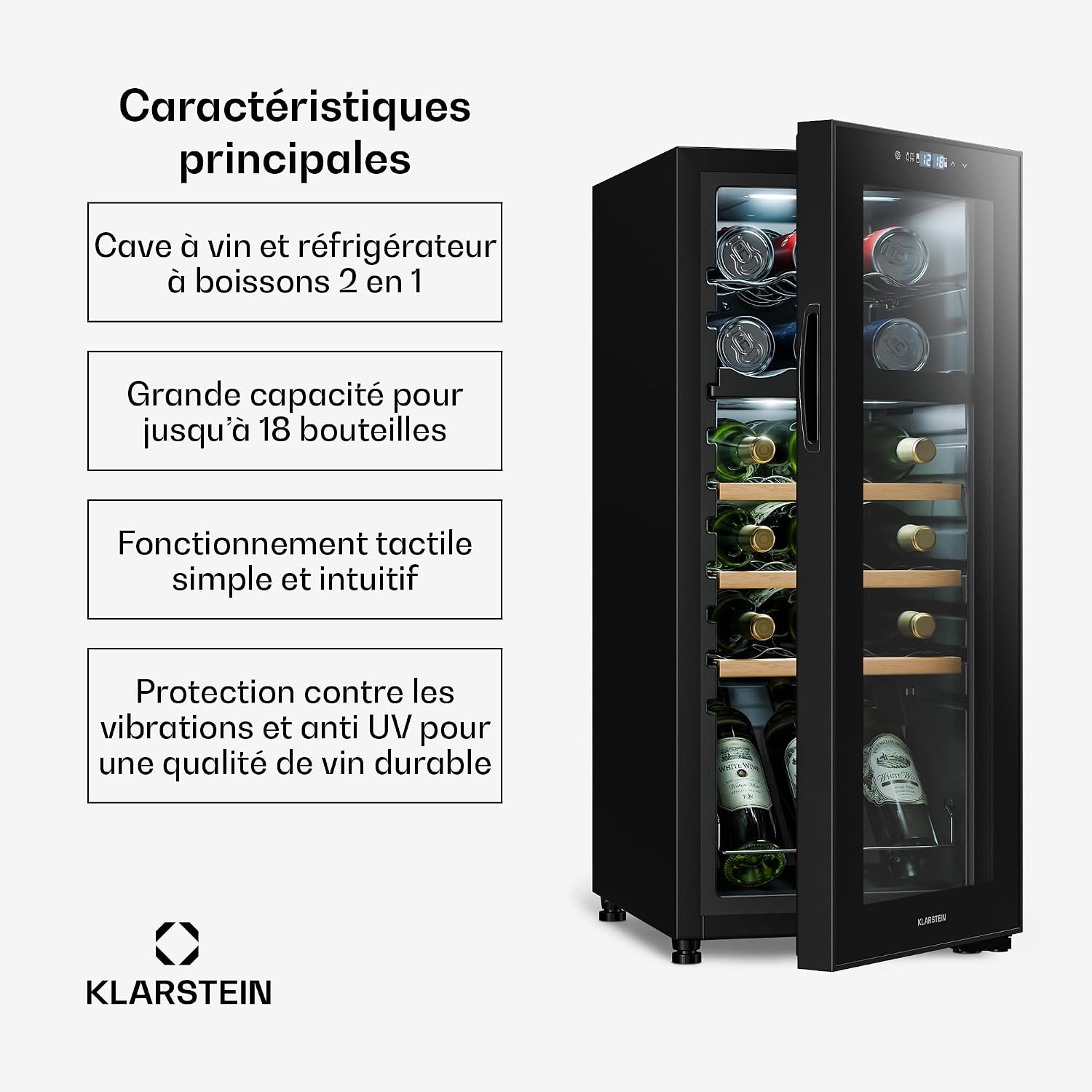 Detalle 2 de Klarstein Bovella Duo+ HEA-Bodega-18 wijnkoelkast, 2 zones, 50 liter