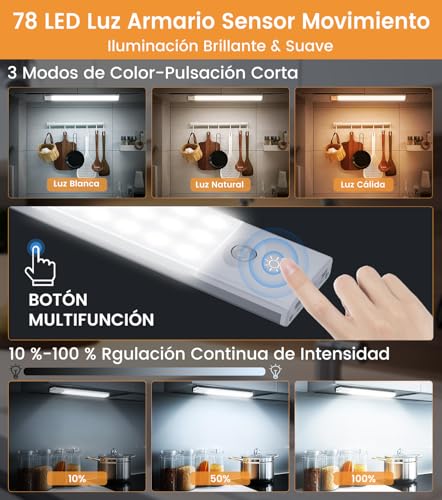 Thumbnail 2 de YOOKESEN Luz LED con Sensor de Movimiento 78 LEDs (3 colores), USB-C Recargable, 4 Modos y 3 Piezas para Armario, Pasillo, Garaje