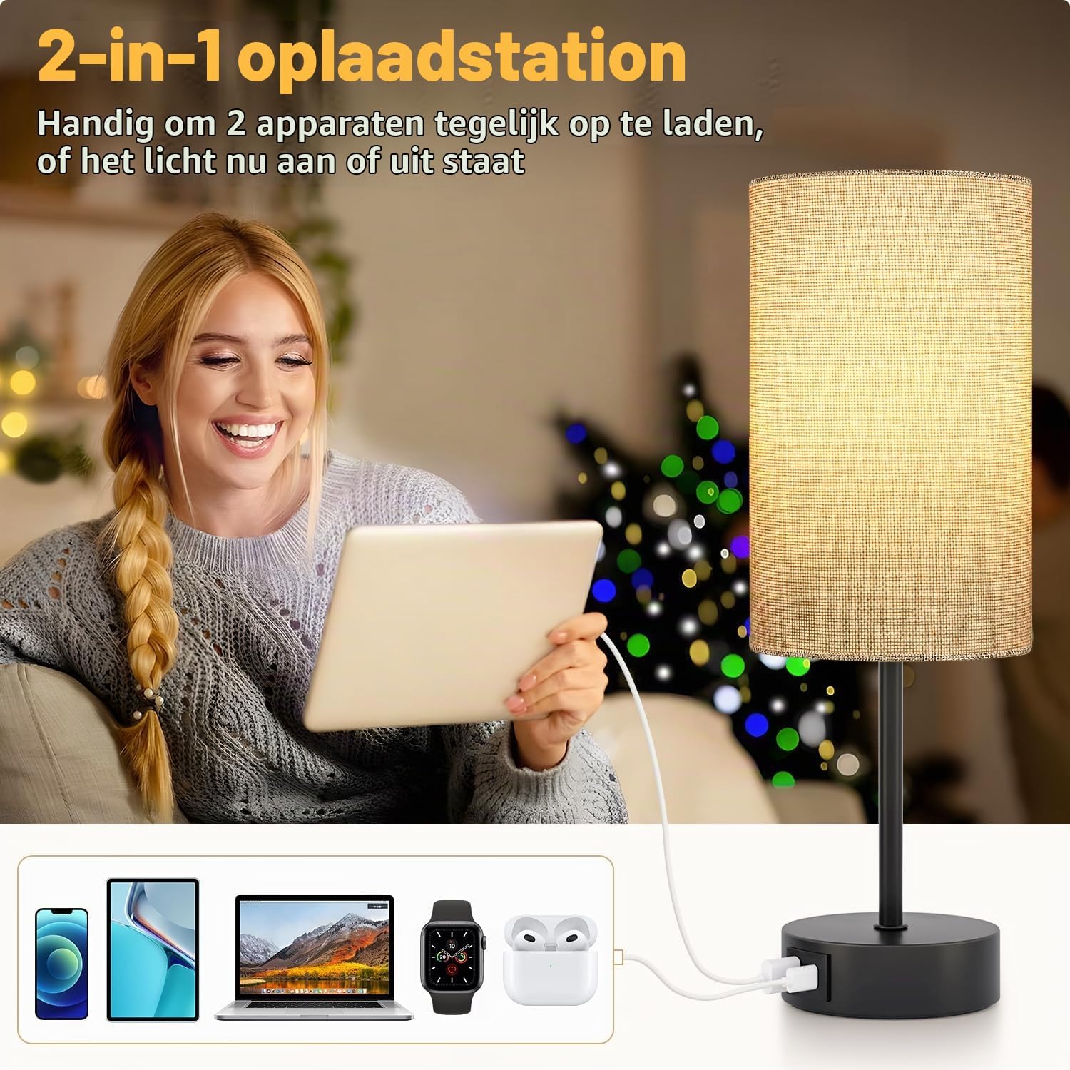 Detalle 2 de STANBOW TBL5 dimbare bedlamp met linnen kap en USB-A- en USB-C-poorten
