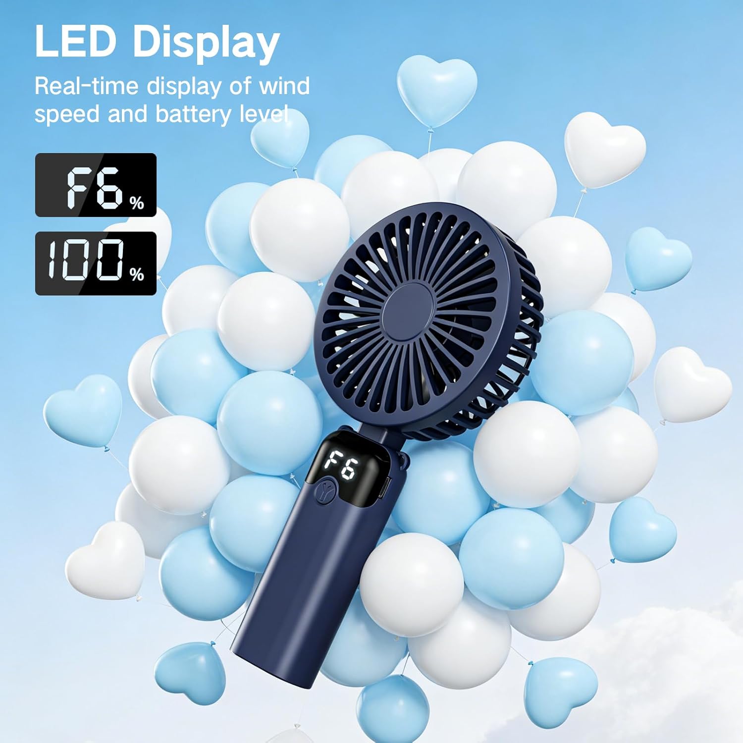 Thumbnail 2 de GCCATE Blue USB Rechargeable Handheld Fan with 6 Speeds, 4000mAh Battery and LED Display