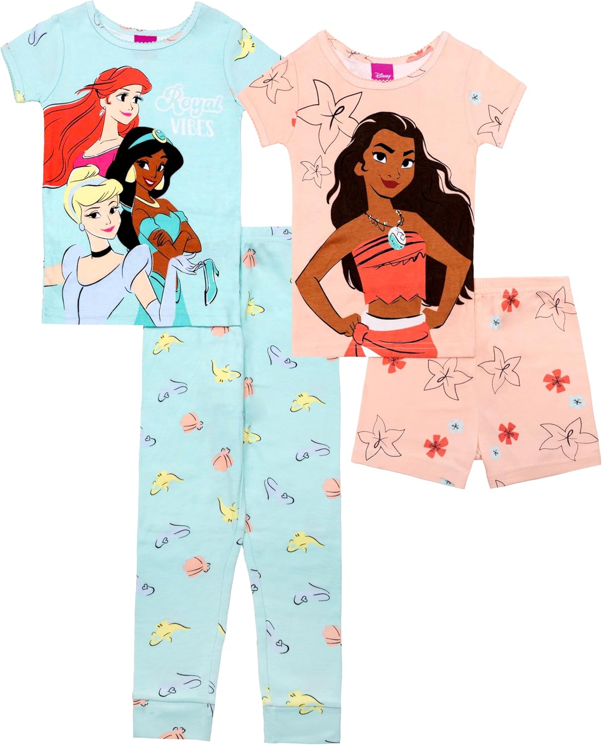 Detalle de Disney Girls' 4-Piece Snug-Fit Cotton Pajama Set — Official Disney Princess Nightwear