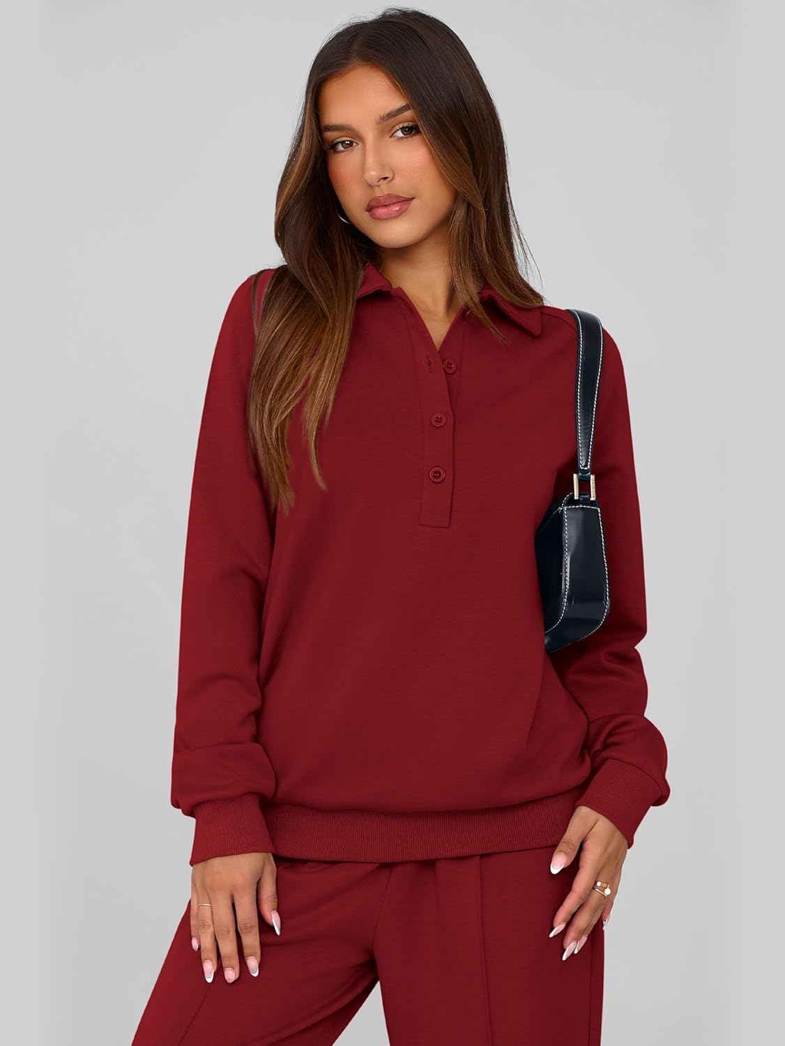 Detalle de PRETTYGARDEN Women Fall 2-Piece Sweatsuit: Quarter Button Sweatshirt and Wide-Leg Pants