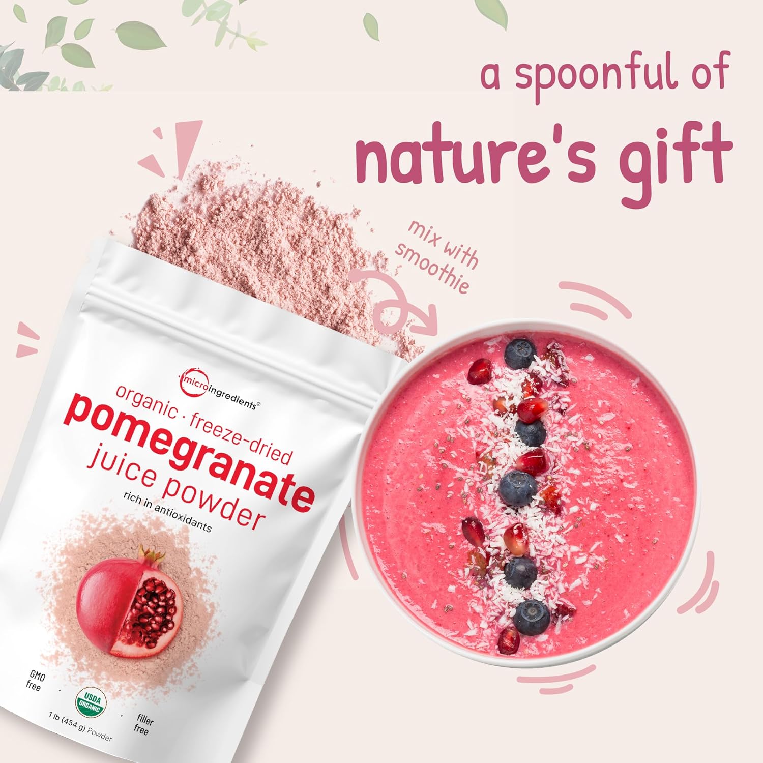 Detalle de Micro Ingredients Organic Pomegranate Juice Powder, 1 Pound, Freeze-Dried