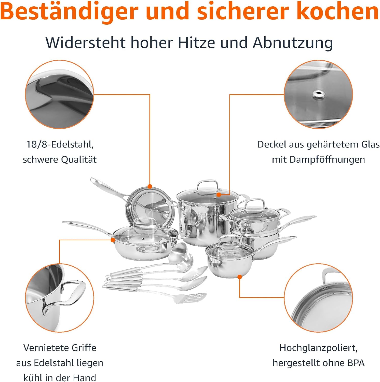 Detalle de Amazon Basics Kochgeschirr-Set, Edelstahl, 15 Stk. – Pfannen, Töpfe und Utensilien