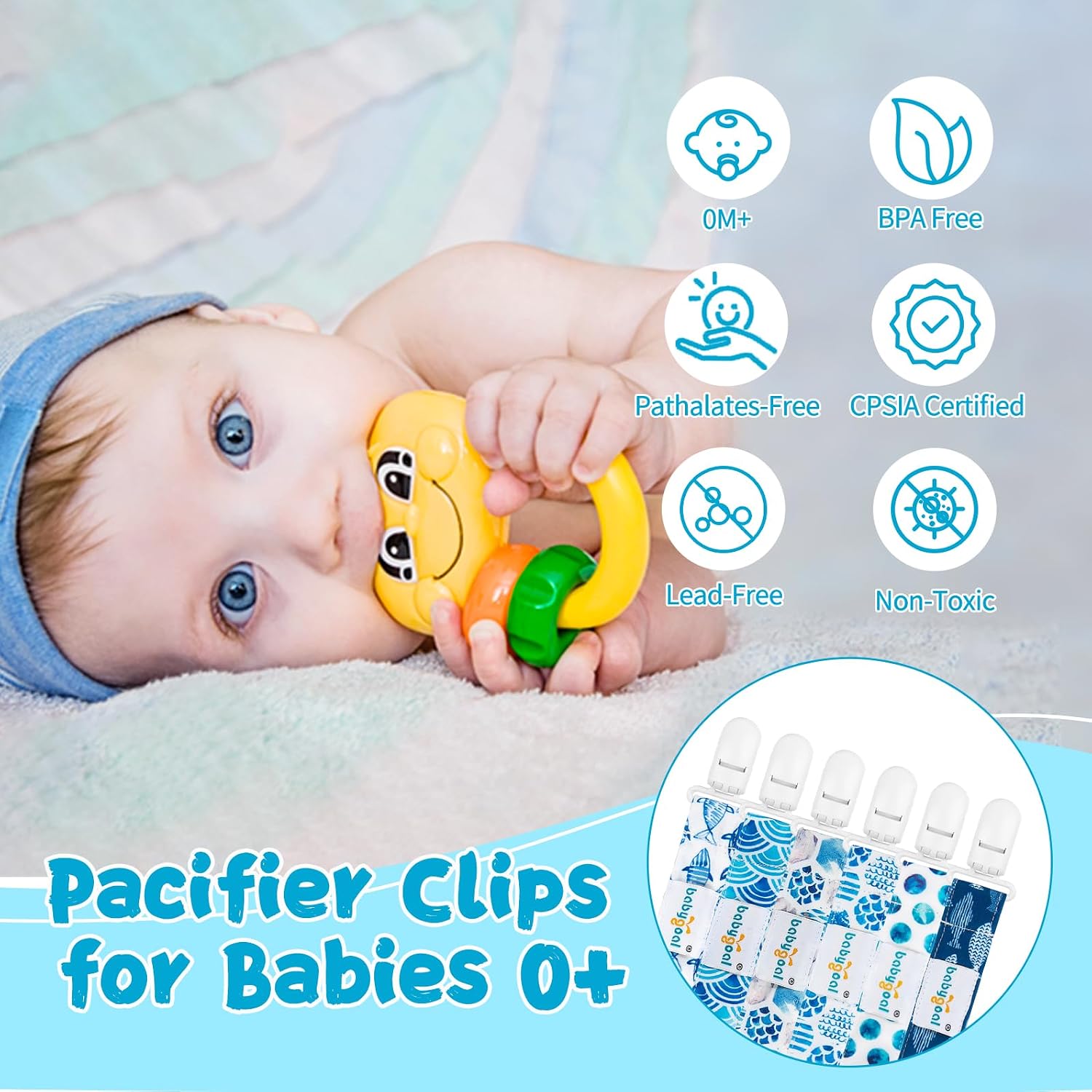 Detalle de babygoal 6PS12-B Ocean Blue Pacifier Clips, 6-Pack Polyester Set