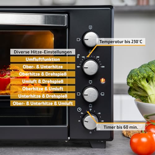 Detalle de TZS First Austria Minibackofen 45L 2000W – Pizzaofen mit Drehspieß, 230°C, Umluft, X-Coating & umfangreichem Zubehör