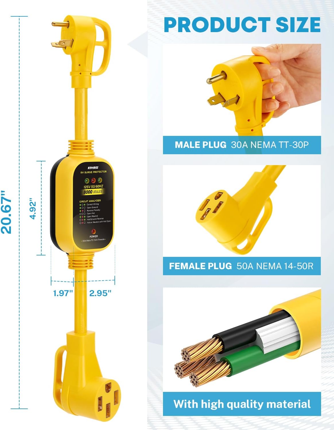 Detalle 1 de Kohree RV Adapter, 30 Amp to 50 Amp