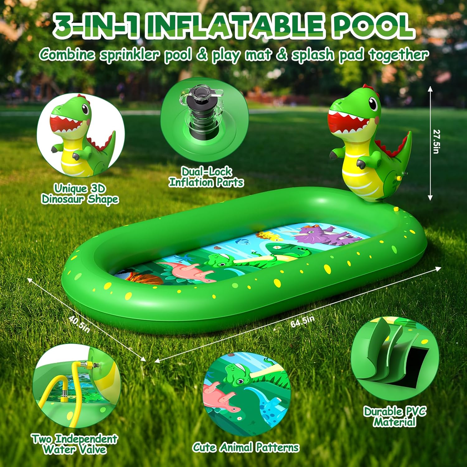 Thumbnail 3 de Inflatable 3-in-1 Dinosaur Pattern Kids Pool with Splash Pad