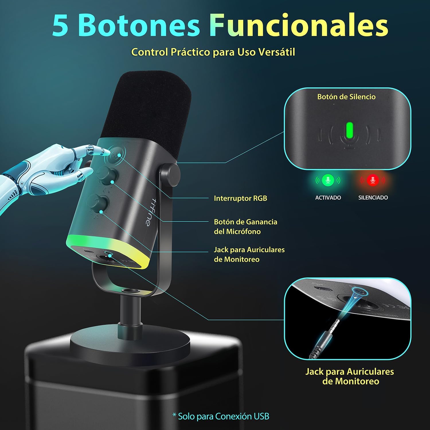 Detalle de FIFINE XLR USB Micrófono Gaming para PC/PS4/PS5: streaming y grabación con cableado flexible