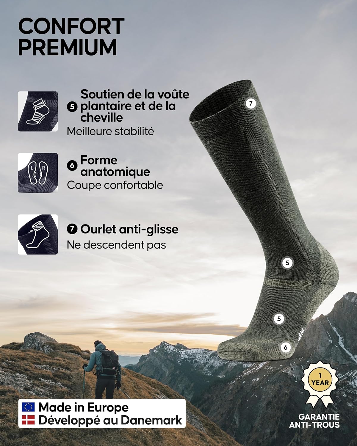 Thumbnail 2 de DANISH ENDURANCE Chaussettes de Randonnée en Laine Mérinos Montantes – Rembourrage Épais, Unisex, Lot 1 ou 3