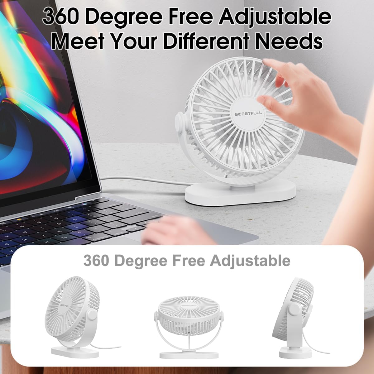 Thumbnail 3 de LULUWA Mini Ventilatore da Scrivania USB con rotazione 360° e 3 velocità (bianco)