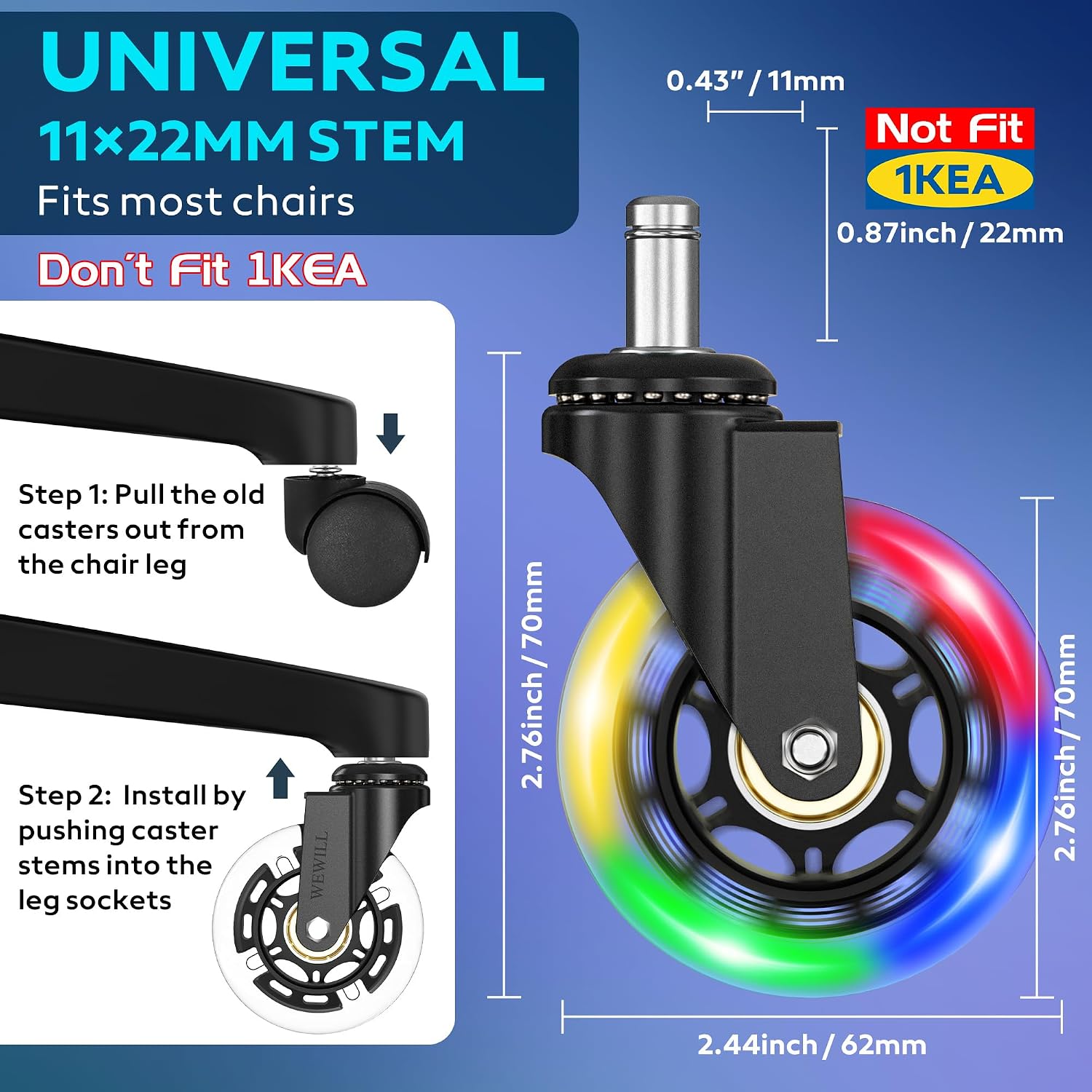 Detalle de WEWILL RGB Bürostuhl Rollen (3" / 11×22 mm) – 5er Set, leuchten beim Rollen in 4 Farben, ohne Batterie